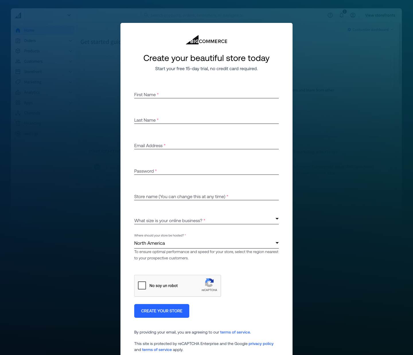Annotated screenshot of BigCommerce’s signup page