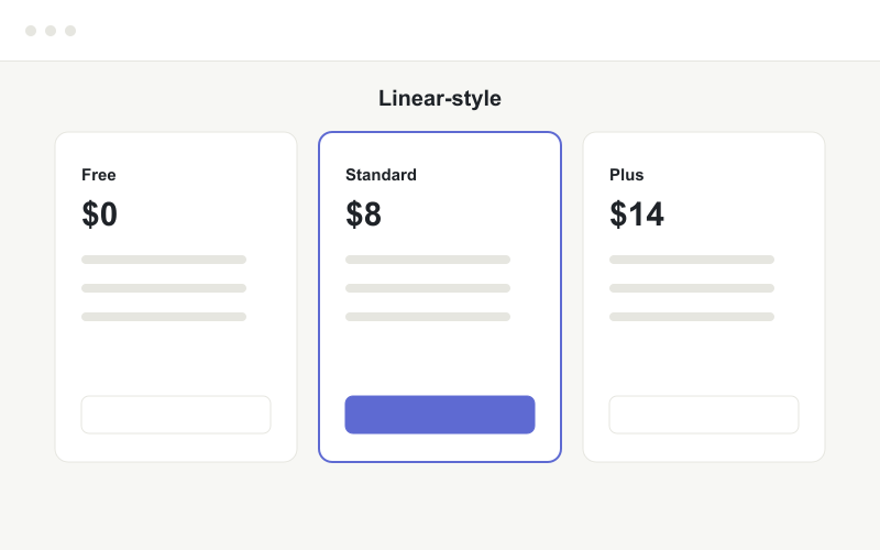 A three-tier pricing layout with a highlighted middle plan