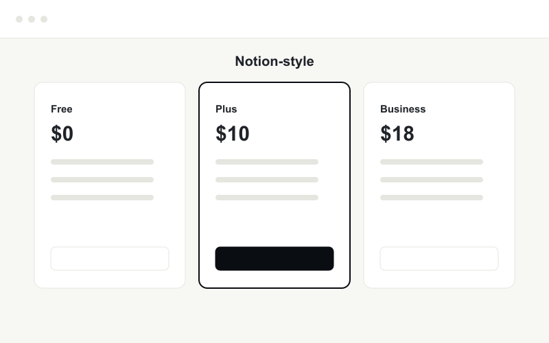 A pricing page with free, plus, and business tiers