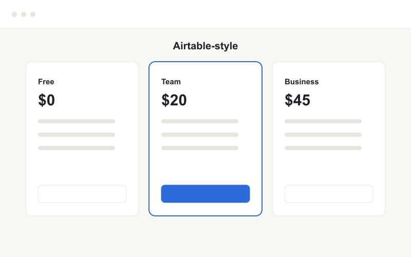 A database tool pricing page with team and business tiers