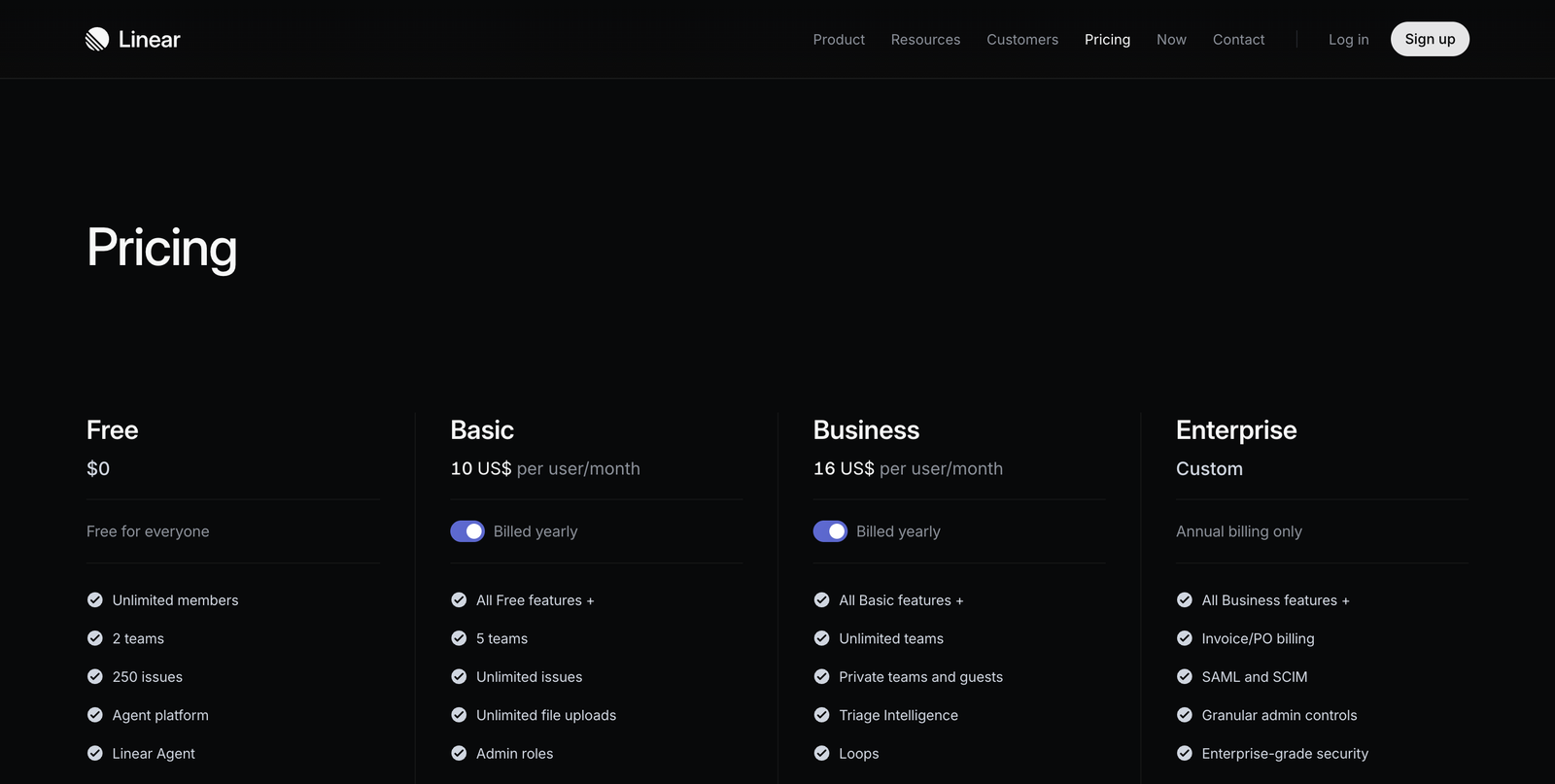Annotated screenshot of Linear’s pricing page