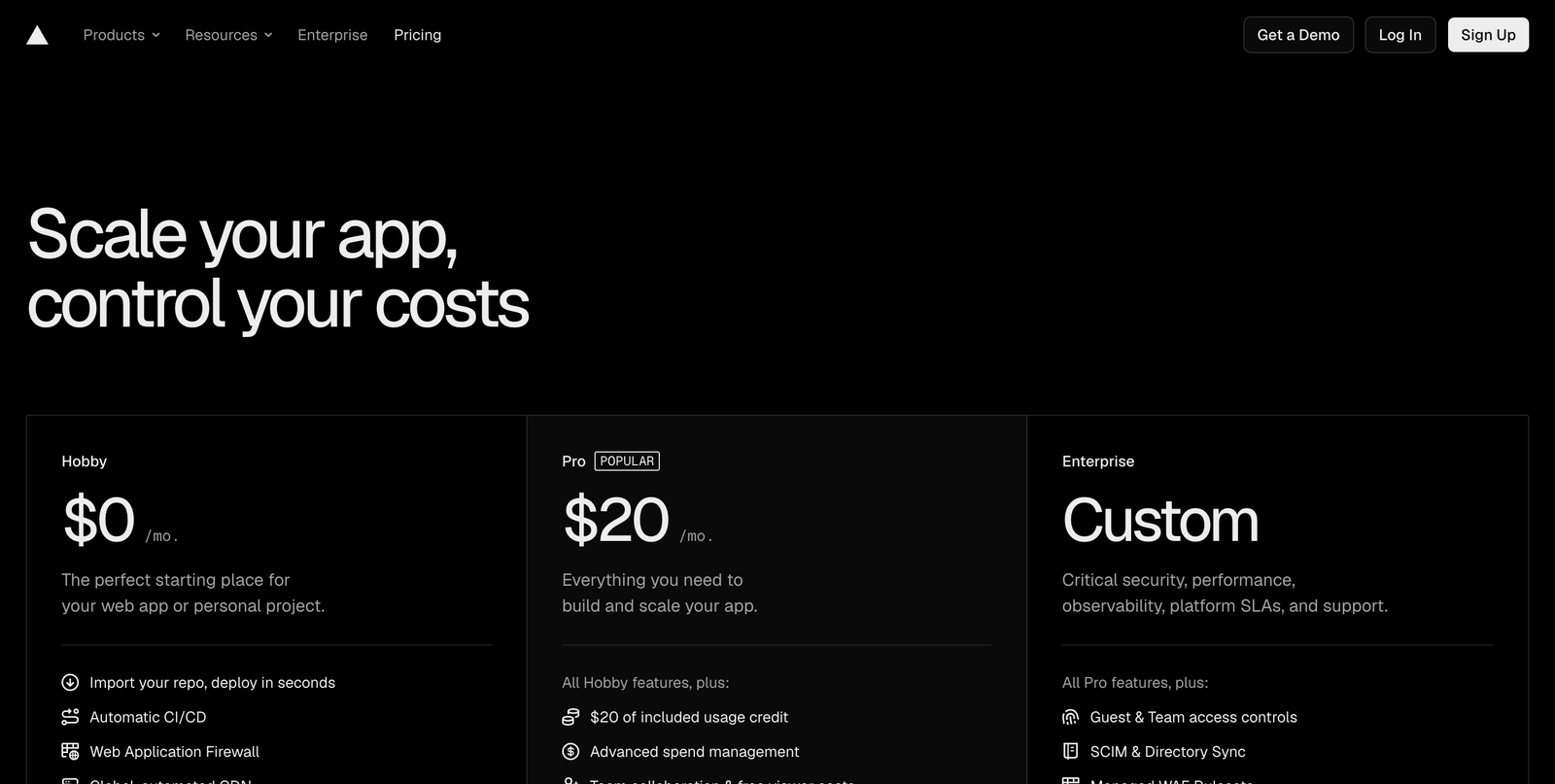 Annotated screenshot of Vercel’s pricing page